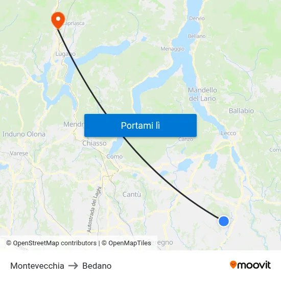 Montevecchia to Bedano map