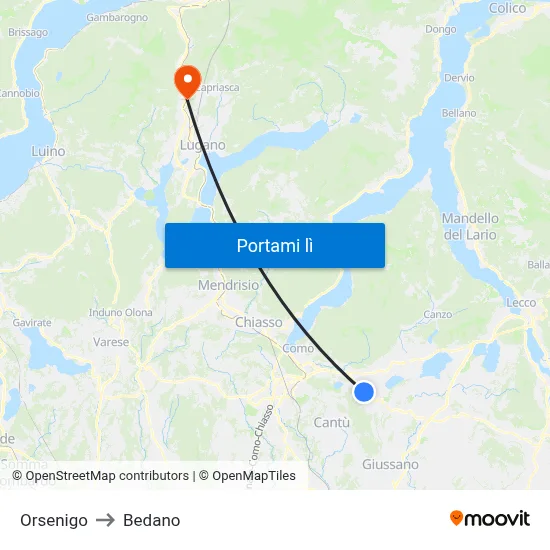 Orsenigo to Bedano map