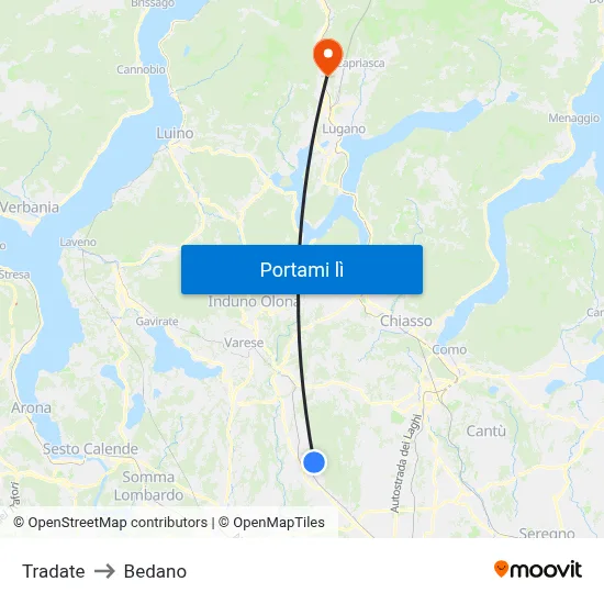 Tradate to Bedano map