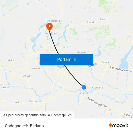 Codogno to Bedano map