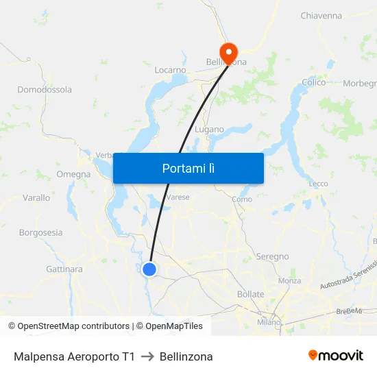 Malpensa Aeroporto T1 to Bellinzona map