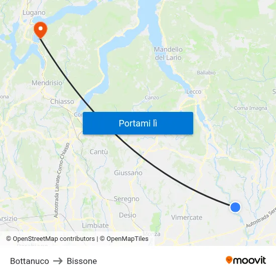 Bottanuco to Bissone map