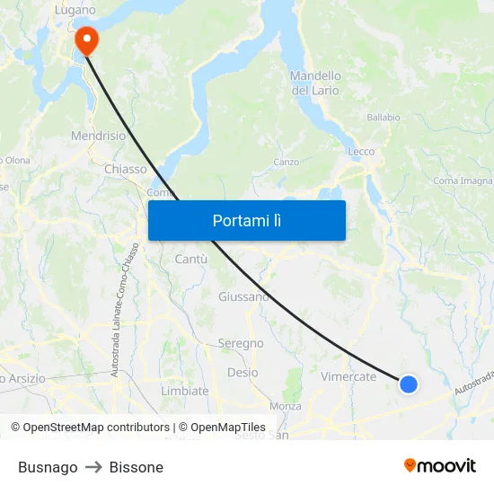 Busnago to Bissone map