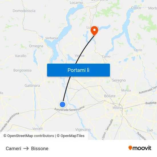 Cameri to Bissone map