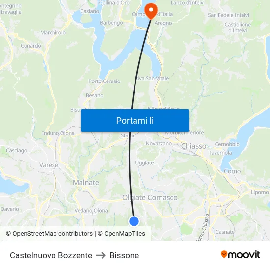 Castelnuovo Bozzente to Bissone map