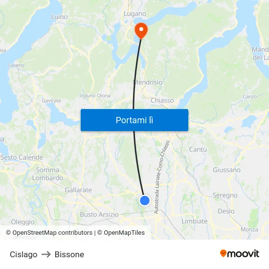 Cislago to Bissone map
