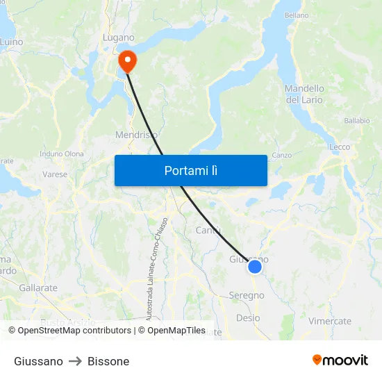 Giussano to Bissone map