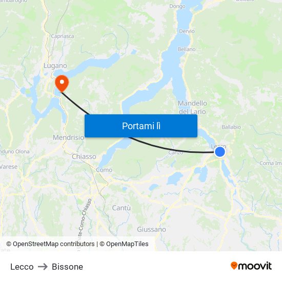 Lecco to Bissone map