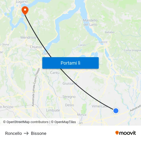 Roncello to Bissone map