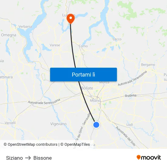 Siziano to Bissone map