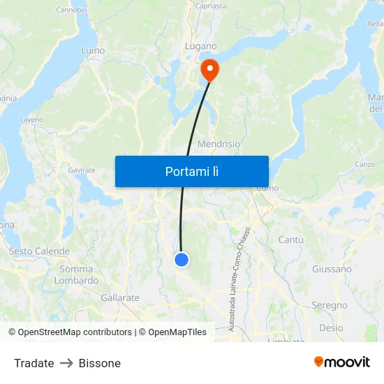 Tradate to Bissone map