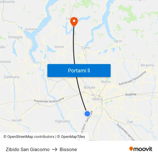 Zibido San Giacomo to Bissone map