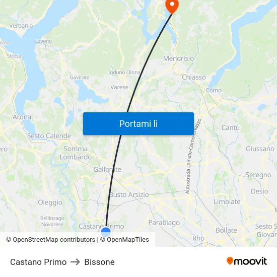 Castano Primo to Bissone map