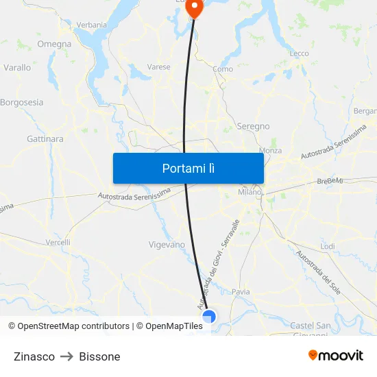 Zinasco to Bissone map