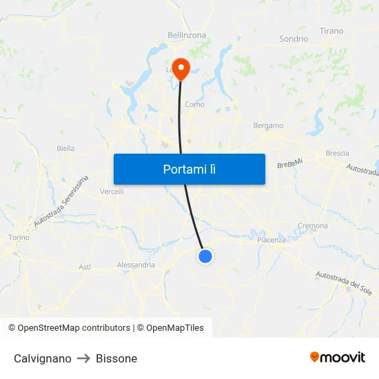 Calvignano to Bissone map