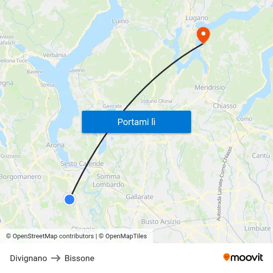 Divignano to Bissone map
