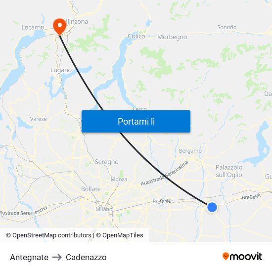 Antegnate to Cadenazzo map