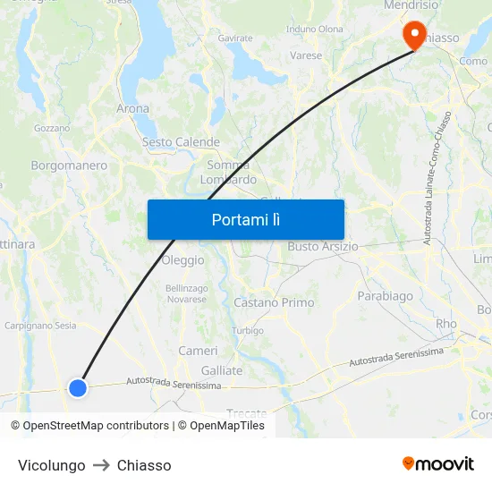 Vicolungo to Chiasso map