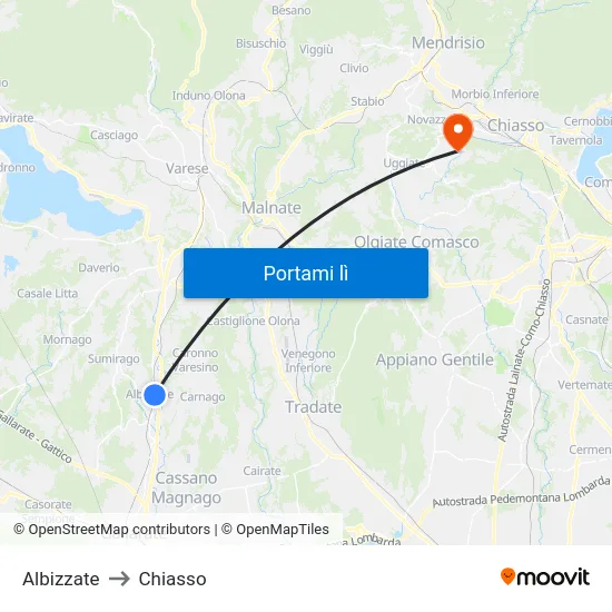 Albizzate to Chiasso map