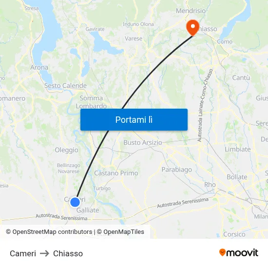 Cameri to Chiasso map