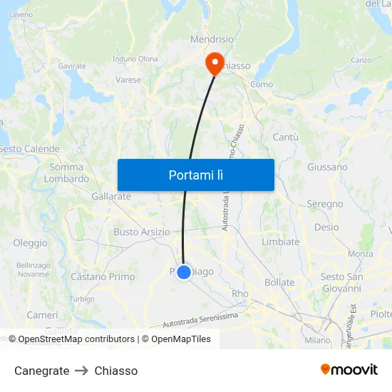 Canegrate to Chiasso map