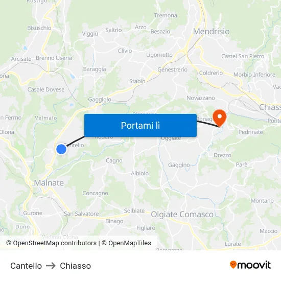 Cantello to Chiasso map