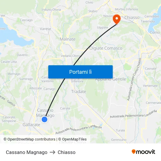 Cassano Magnago to Chiasso map