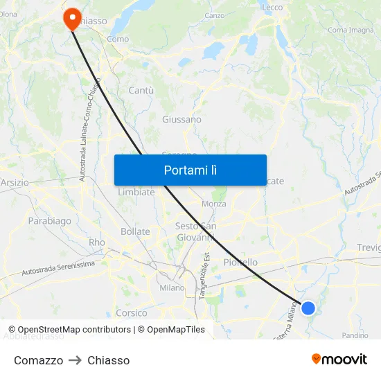 Comazzo to Chiasso map