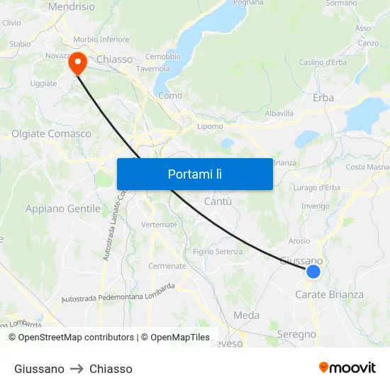 Giussano to Chiasso map