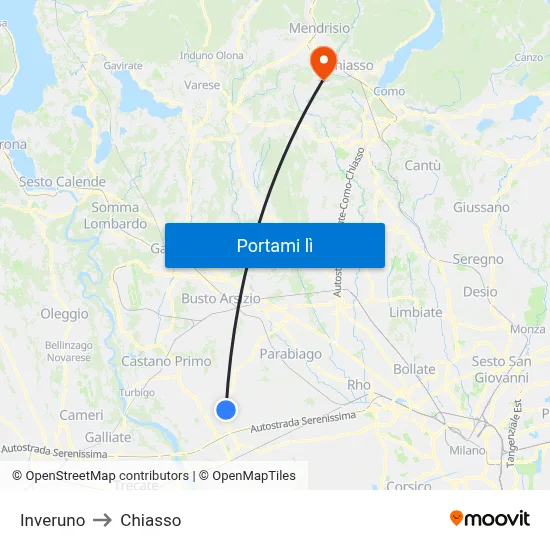 Inveruno to Chiasso map
