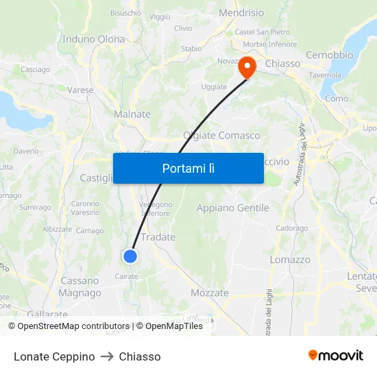 Lonate Ceppino to Chiasso map