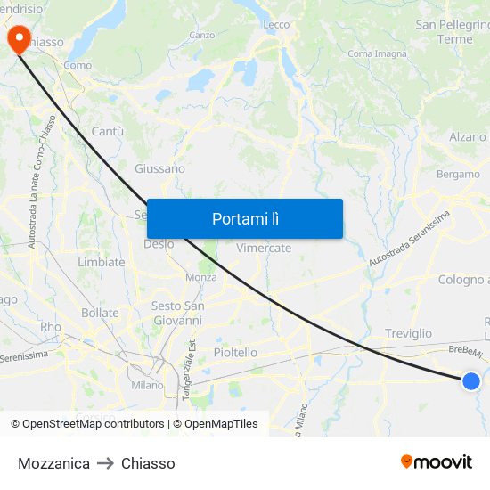Mozzanica to Chiasso map