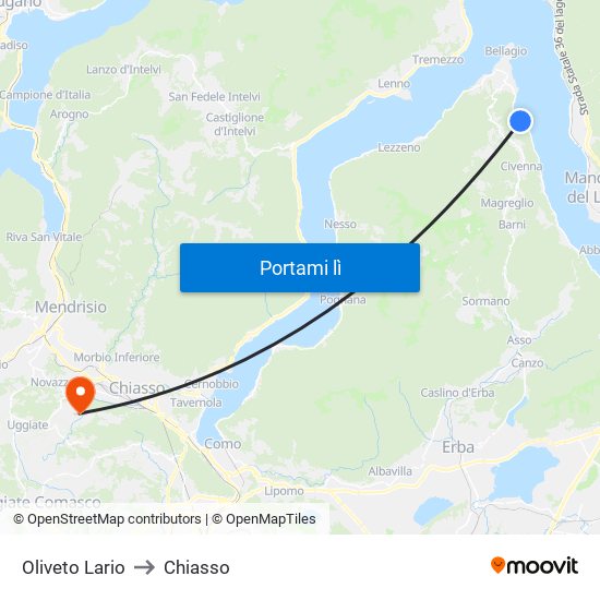 Oliveto Lario to Chiasso map