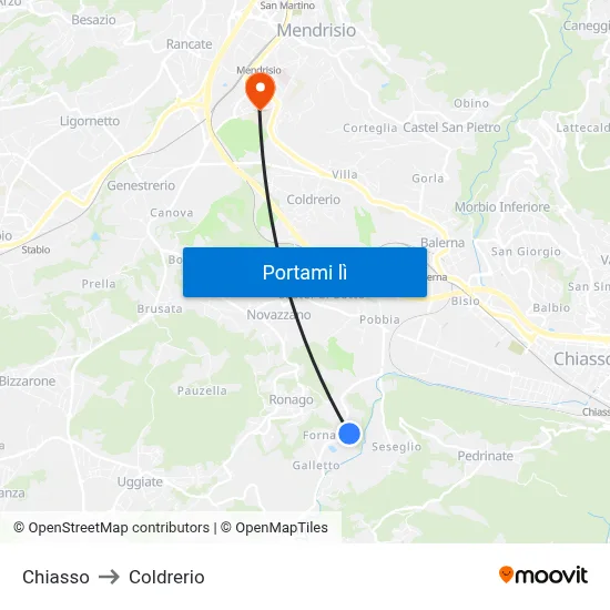 Chiasso to Coldrerio map