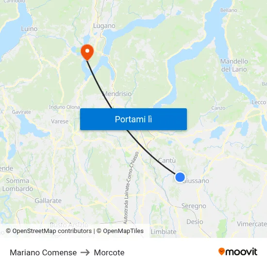 Mariano Comense to Morcote map