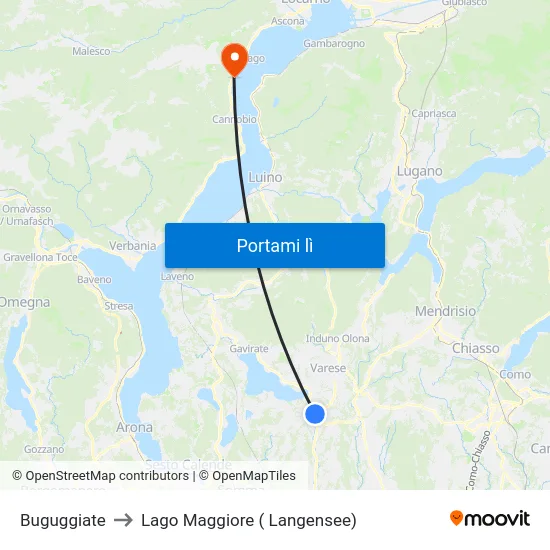 Buguggiate to Lago Maggiore ( Langensee) map