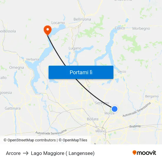 Arcore to Lago Maggiore ( Langensee) map