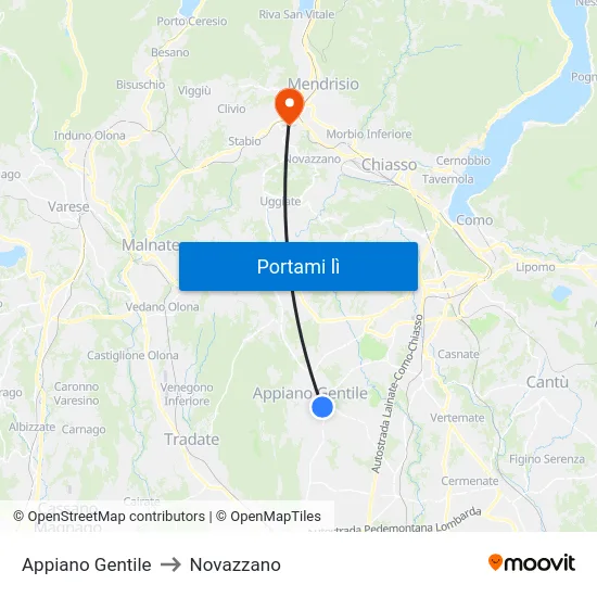 Appiano Gentile to Novazzano map