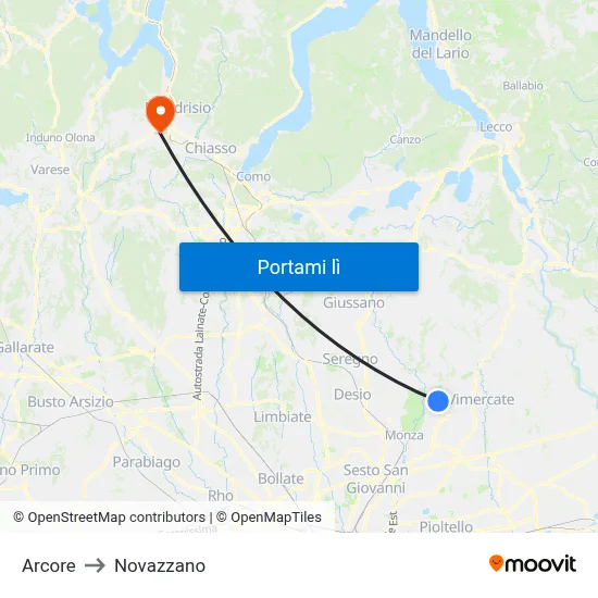 Arcore to Novazzano map