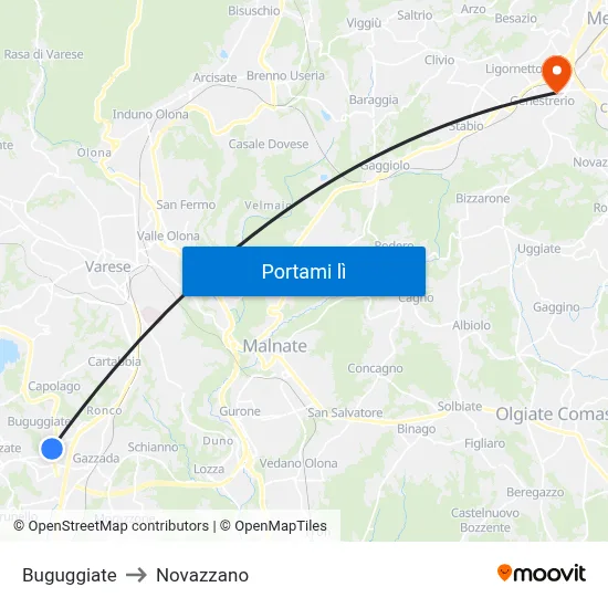 Buguggiate to Novazzano map