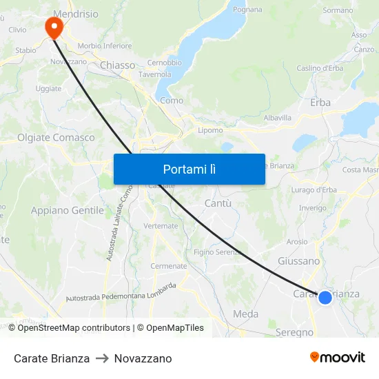 Carate Brianza to Novazzano map