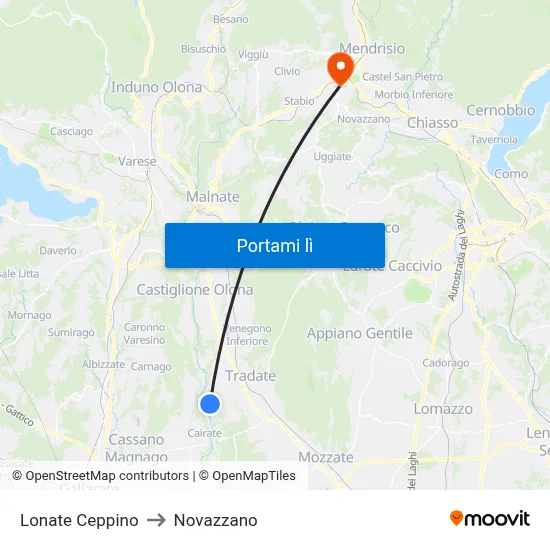 Lonate Ceppino to Novazzano map