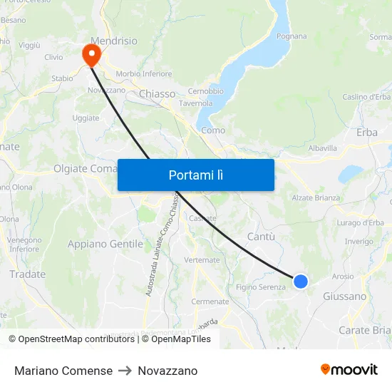 Mariano Comense to Novazzano map