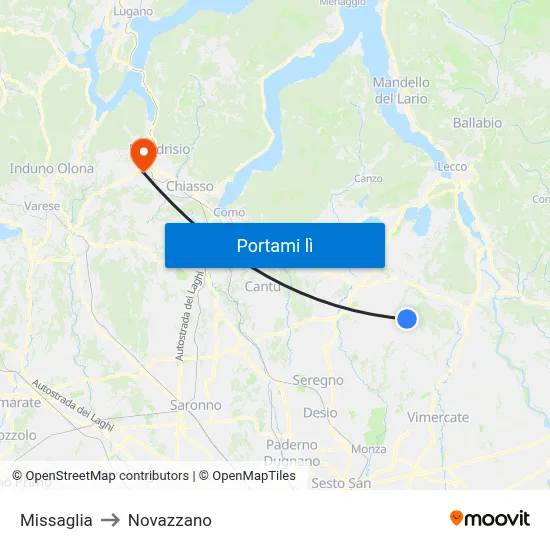 Missaglia to Novazzano map