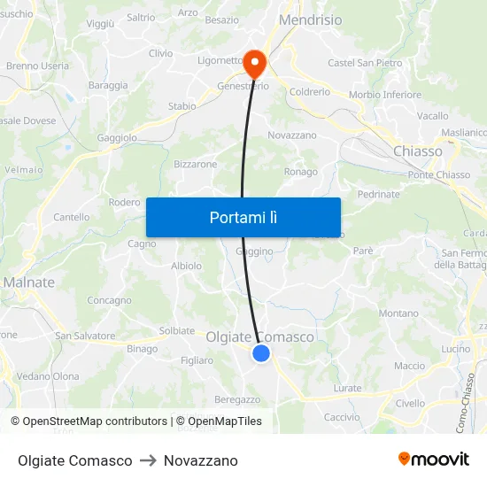 Olgiate Comasco to Novazzano map