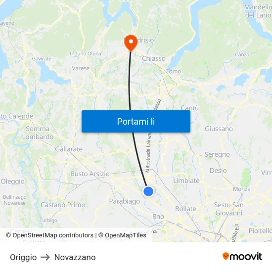 Origgio to Novazzano map