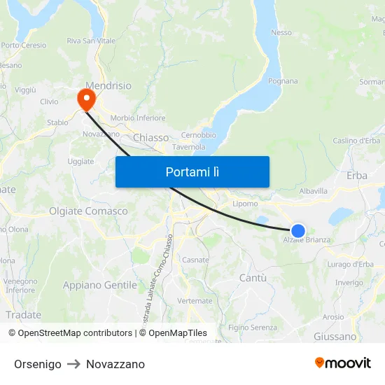 Orsenigo to Novazzano map