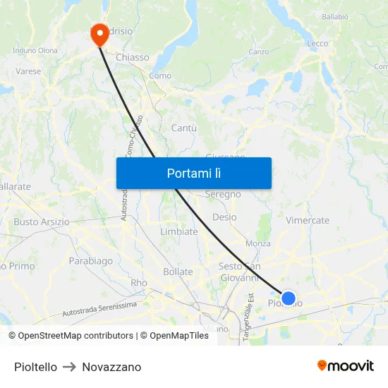 Pioltello to Novazzano map