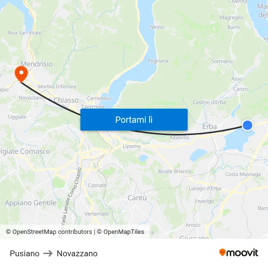 Pusiano to Novazzano map