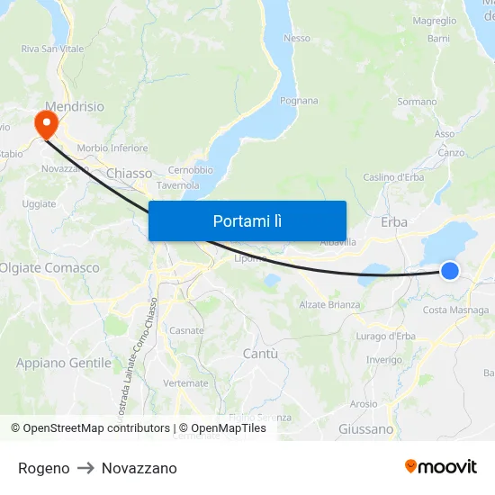 Rogeno to Novazzano map